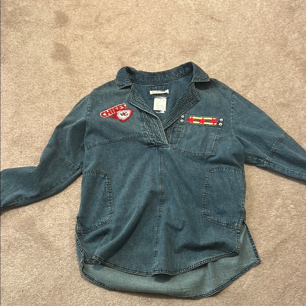 Blue Denim Pullover with Patches kc chiefs